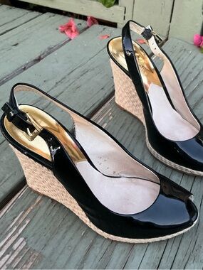 Michael Kors Black Patent Slingback Espadrille Wedges